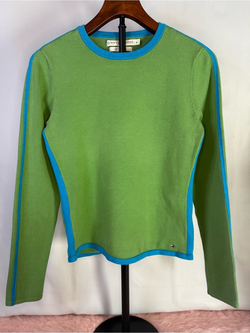 Tommy Hilfiger Green Crewneck Sweater with Blue Trim Size M